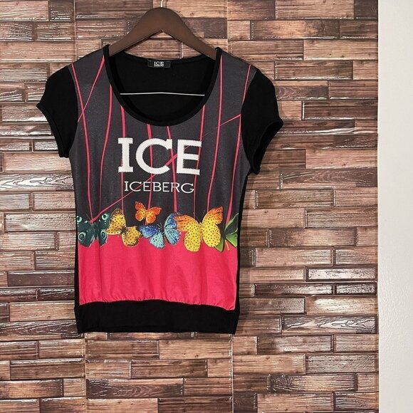 Ice Iceberg Tops - IceIceberg Embellished Butterflies Shirt Size S Pink Black Yellow